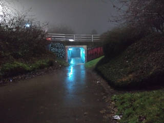 
      Looking towards another short under-road pedestrian tunnel, which is brightly lit inside.
      In contrast to the dim greys and greens of the footpath and grassy areas to the side, the
      tunnel lighting looks electric blue.