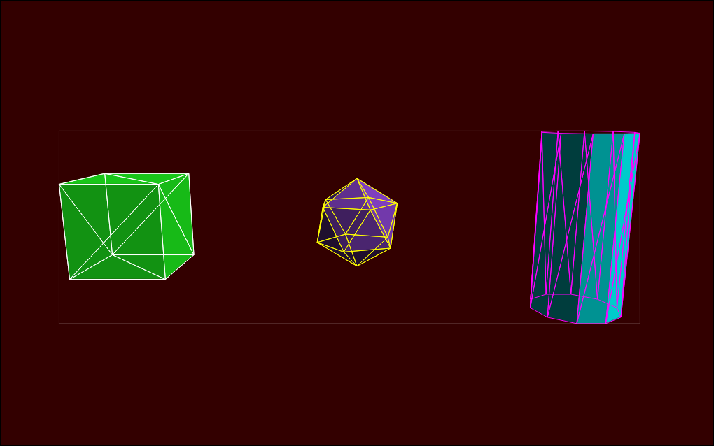 
    3D display of three objects, a cube, icosohedron, and cylinder.
    They are overlayed with lines showing the vertices of the triangles used to draw them.