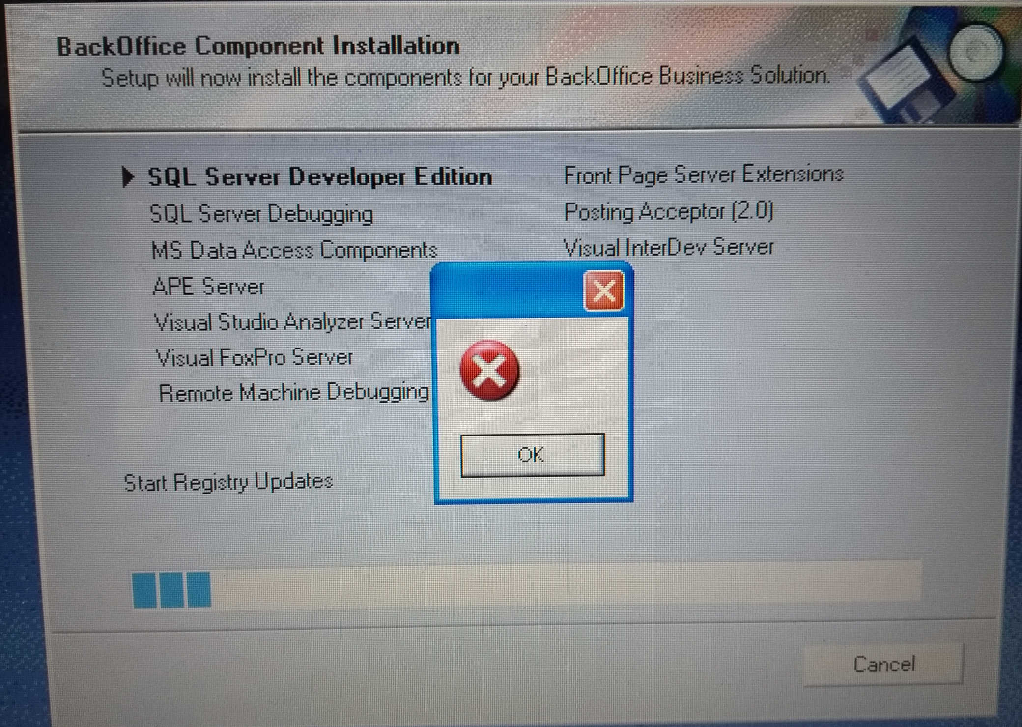 
    An installation screen from later in the Visual Studio installation process. A large
    dialog box in the background shows the progress with a progress bar, and is titled
    ‘BackOffice Component Installation’. A small dialog box is on top of it, but all it contains
    is the icon indicating that it's an error, and an ‘OK’ button. There is no title and no
    message, so it's impossible to know what the error is.